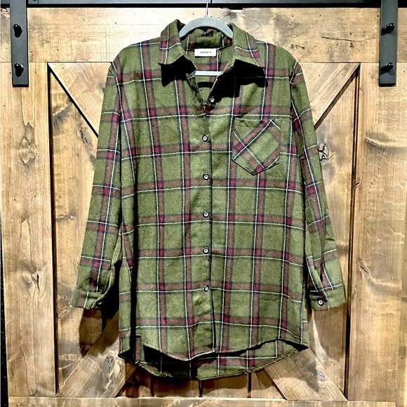 ADORA Tops - Olive Green Plaid Long Sleeve Button Front Flannel Top Sz L